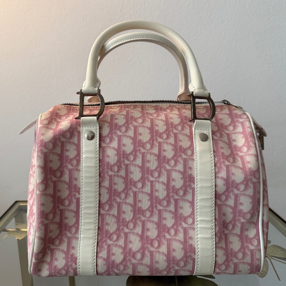 Vintage Christian Dior Pink Trotter Monogram Leather Trim Boston Bag